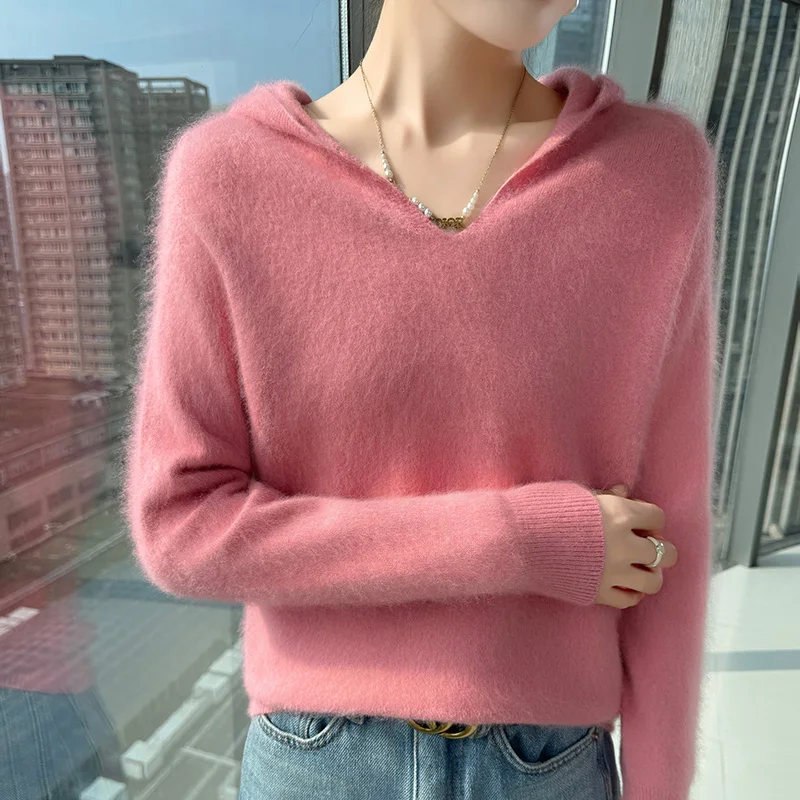 

Осень/зима, свитер из норковой шерсти с капюшоном, женский вязаный низ, пуловер с длинными рукавами, свитер с капюшоном, топ