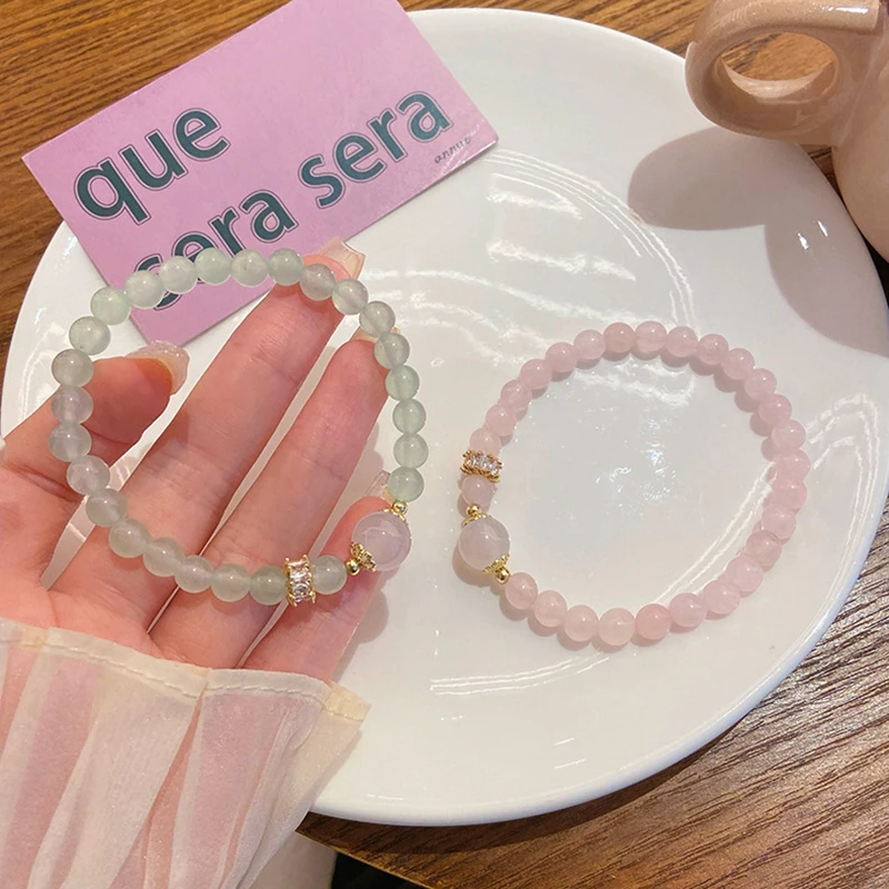 Zircon Charm 6mm Natural Pink Crystal Rose Quartz Beaded Strand Bracelets for Women Handmade Elastic Rope Fine Jewelry YBR939