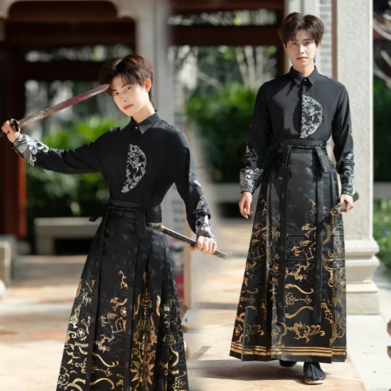 

2pcs Sets Hanfu Horse Face Skirt Men Chinese Traditional Weaving Gold Hanfu Black Pleats Skirt Suits For Women Plus Size 4XL