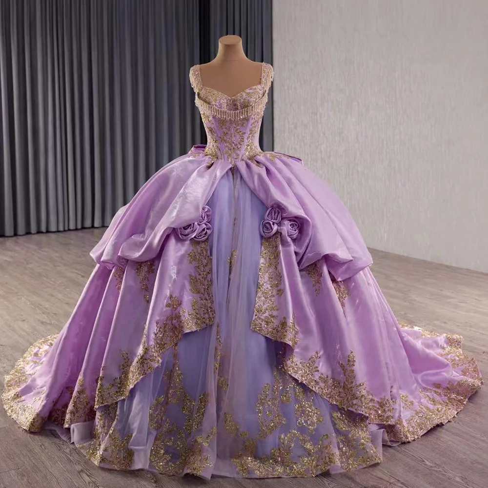 Gorgeous Lilac Evening Dress Spaghetti Straps Lace Up Back Crystal Beaded Bow Robe De Soiree Customized