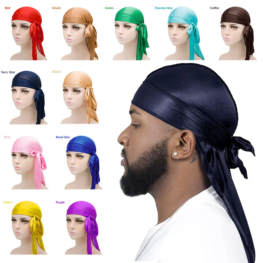 Unisex Adult Long Tail Satin Doo Rag Durag Bandanas Cap Pirate Hat Turban Men Hip Hop Headband Biker Headwrap Women Headwear