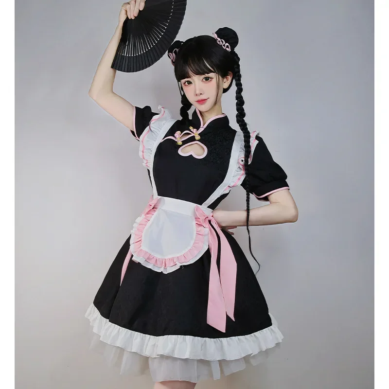 Anime lolita vestido de empregada chinesa cheongsam vestido rosa kawaii empregada cosplay traje festa palco garçonete role play uniforme gato