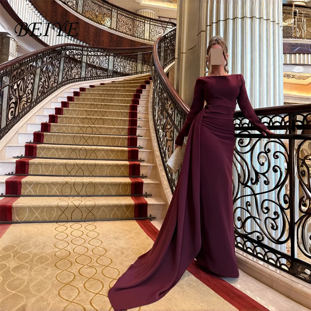 

BEIYE Vintage Sheath Long Sleeves Evening Dress With Cape O-Neck Prom Dress Formal Party Gown Customized فساتين سهرات