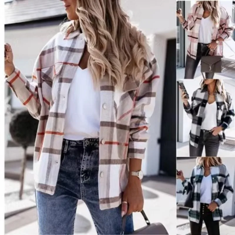 Hot Sales of Autumn and Winter Long-sleeved Plaid Shirt Coat Casual Loose Shirt Women\'s Fashion Button Long-sleeved Shirt