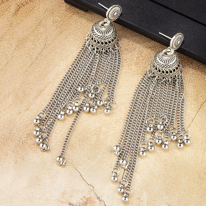 Classic Vintage Silver Color Gypsy Dangle Earrings Ethnic Women\'s Bohemian Bells Tassel Long Earrings Jhumka Indian Jewelry