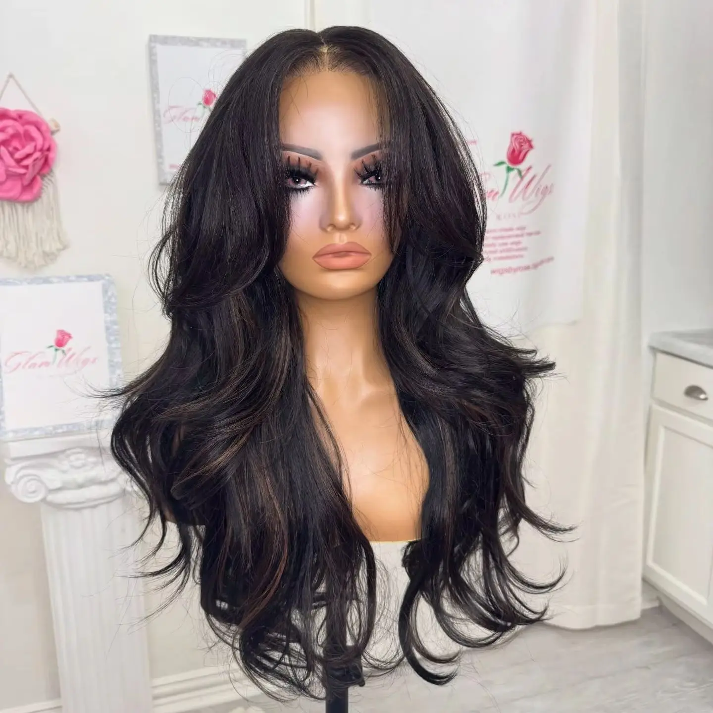 

High Quality Wig Middle Part Black with Brown Highlights Synthetic Lace Front Wig Original Factory Cheap Wigs On Clearance Sale