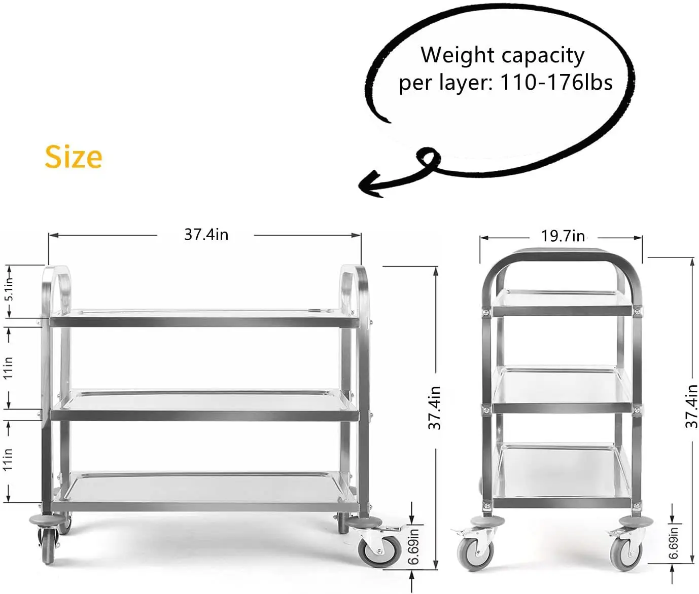 37.4x19.7x37.4 Inch Stainless Steel Cart Large 3 Tier Kitchen Utility Rolling Cart Service Catering Storage Cart with Locking Wh