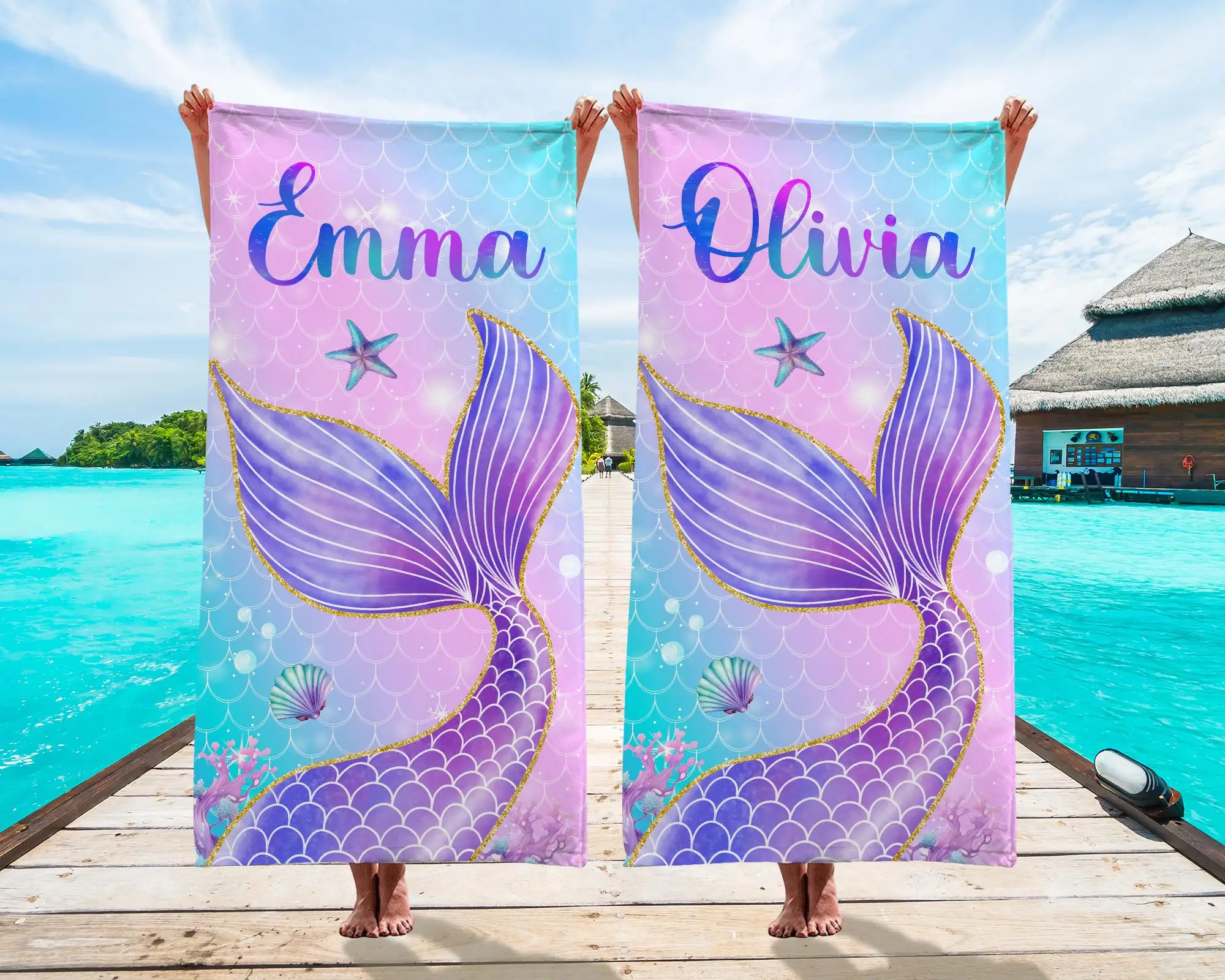 

Mermaid Tail Beach Towel Personalized Custom Beach Towel Name Beautiful Oversized Bath Towel for Mermaid Favor Birthday Gifts