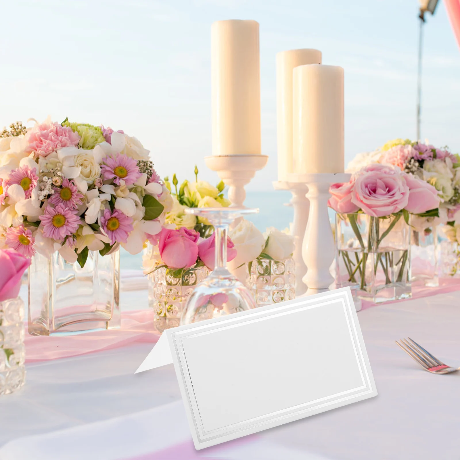 

50pcs Double-Frame Silver-Foil Table Cards Smooth Foldable Tent Place Cards For Wedding Party Banquet Table Number Name Seat