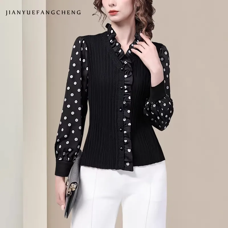 

Женский черный вязаный свитер с шифоновыми рукавами, эластичная узкая повседневная рабочая рубашка с v-образным вырезом, топ с рюшами, блузки