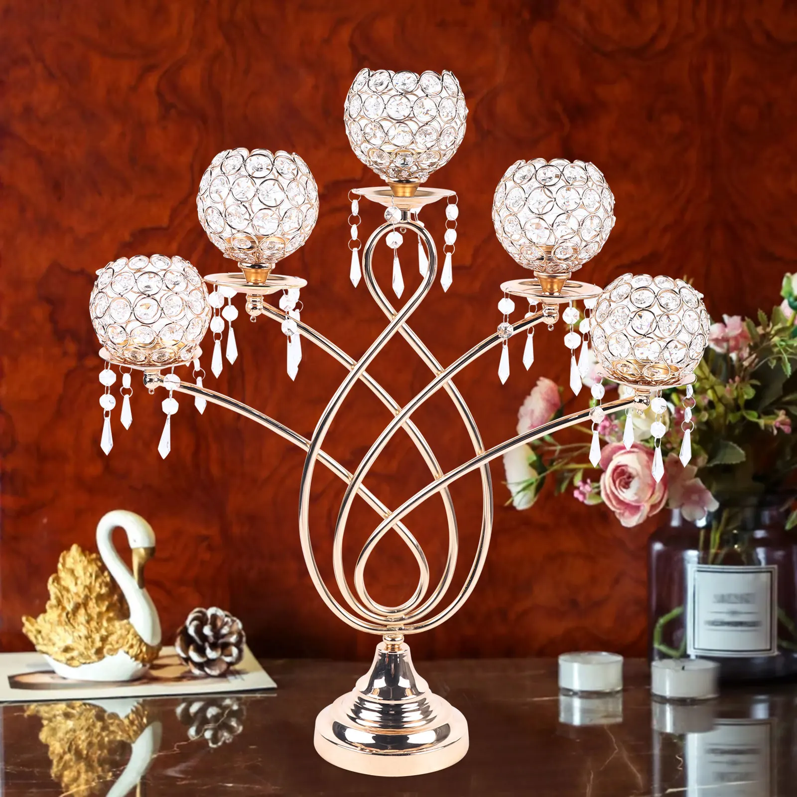 5-Arm Gold Crystal Candle Holder Pillar Table Centerpiece Wedding Decoration