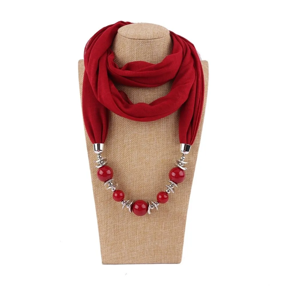 Fashion Chiffon Scarf Necklace Beaded Solid Color Pendant Scarf Vintage Style Ethnic Style Neckwear Jewelry Gift