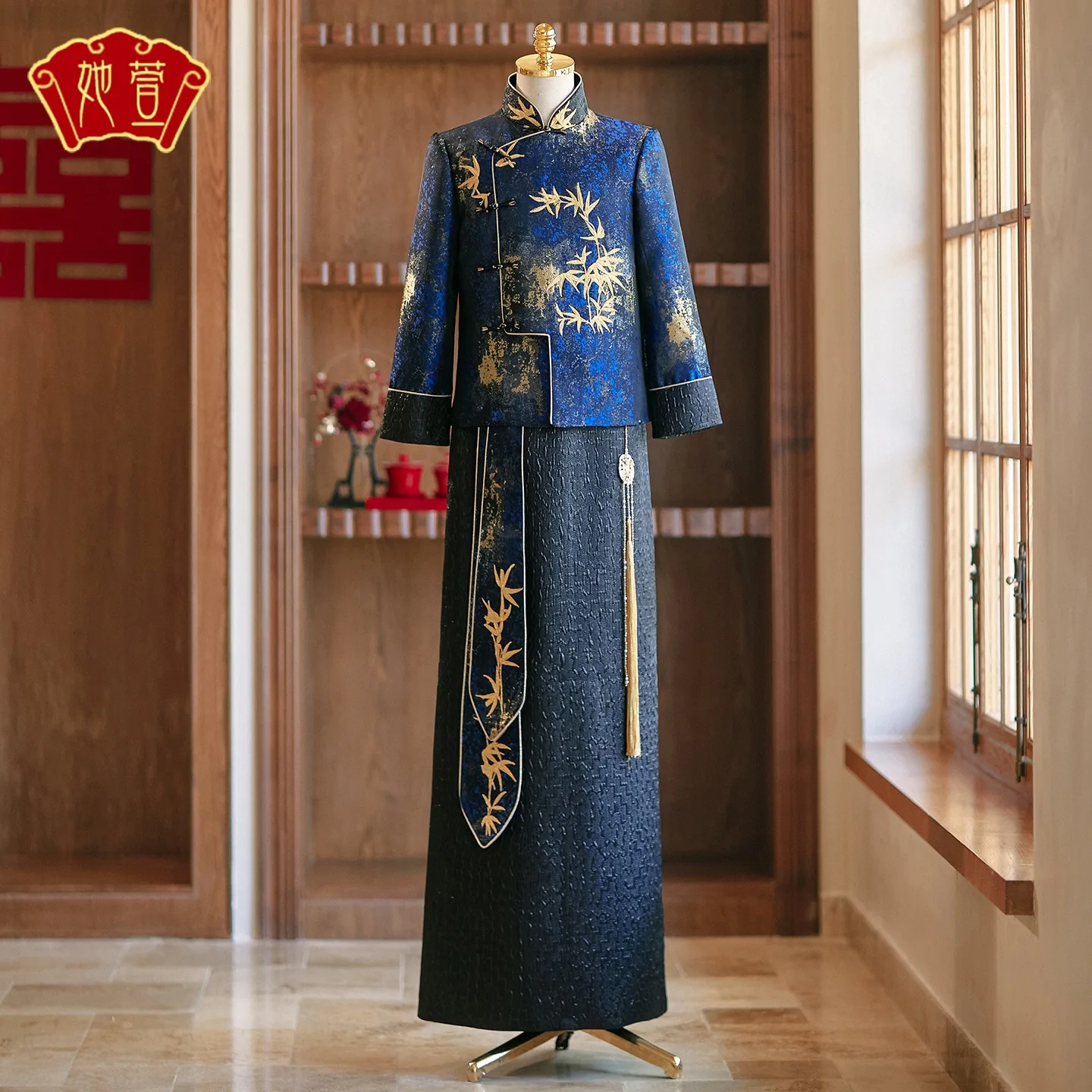 

Свадебный жених Hanfu, платья в китайском стиле, бамбуковый лист, одежда Тан, мужской темно-синий костюм Xiuhe, Qipao, мужская куртка, пальто