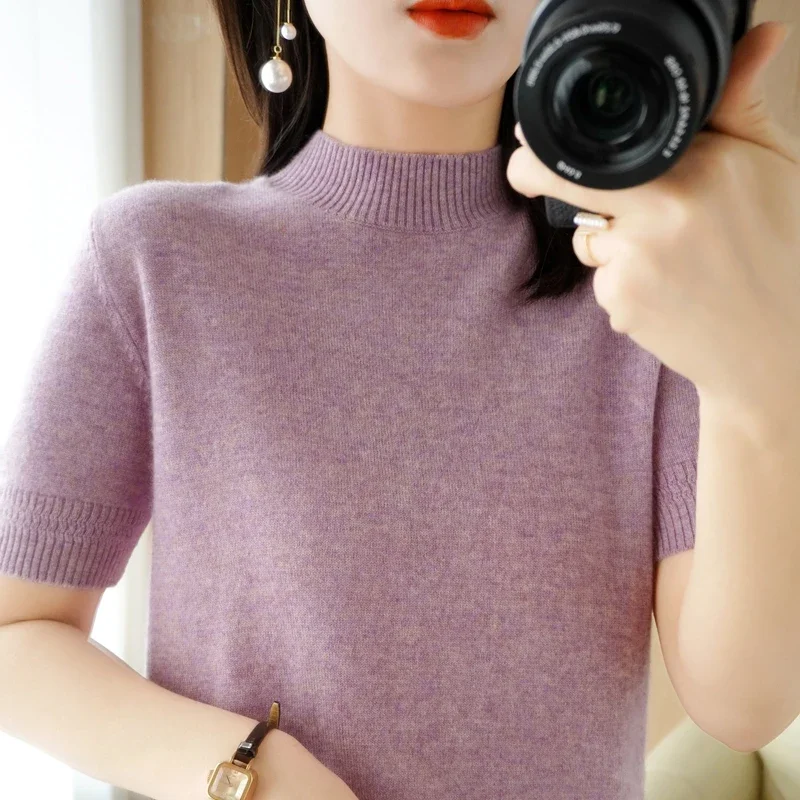 Spring Autumn Women Sweater Casual Warm Bottoming Shirts Mock Neck Basic Knitwear Short Sleeve Pullovers Korean Fashion Jumper