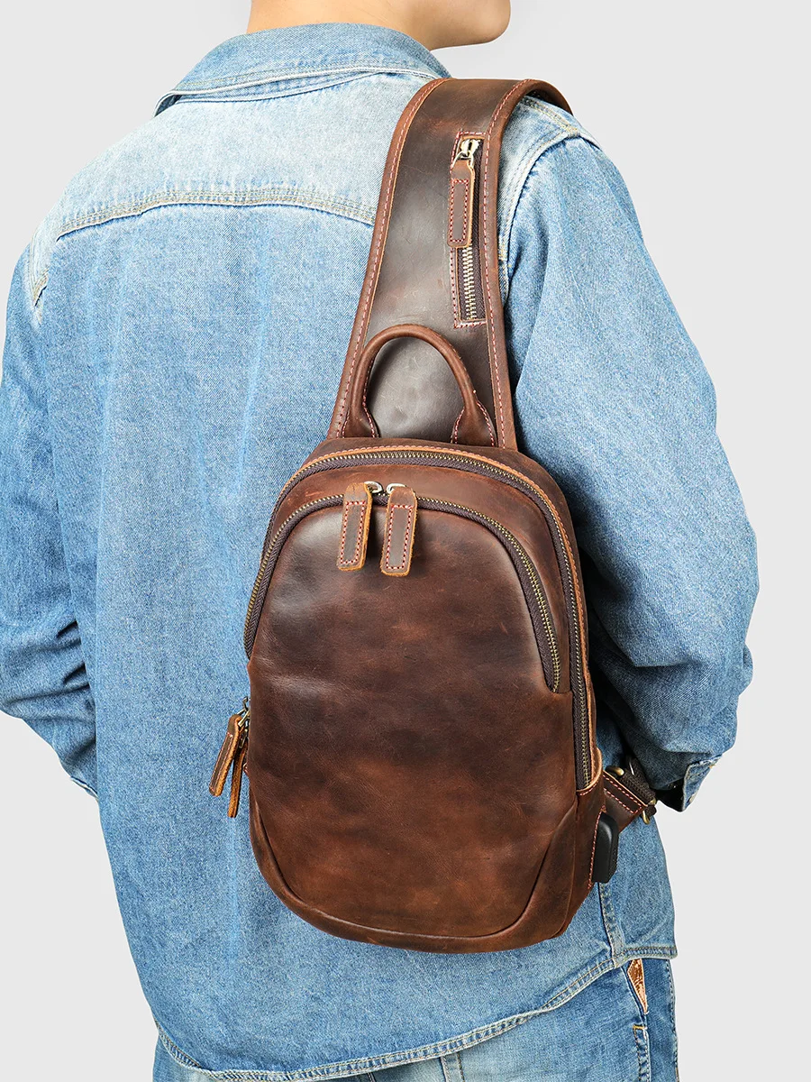 New Brand Designer Genuine Leather Men's Chest Bag Crazy Horse Leather Casual One Shoulder Crossbody Bag With USB Port image 6