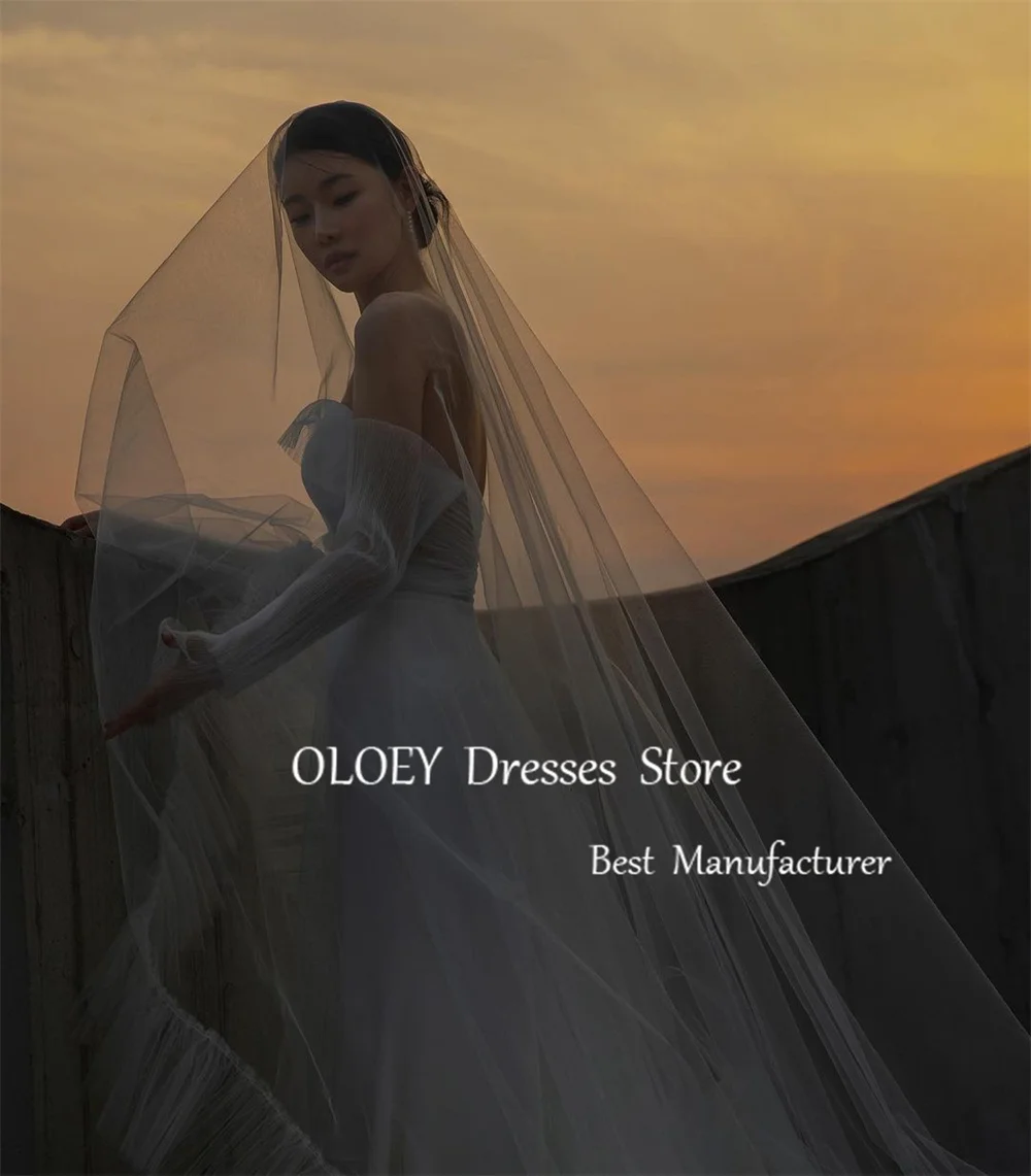 OLOEY Ivory Strapless A Line Wedding Dress With Sleeves Korea Photoshoot Pleat Tulle Bridal Gown Floor Length Bride Dress Custom