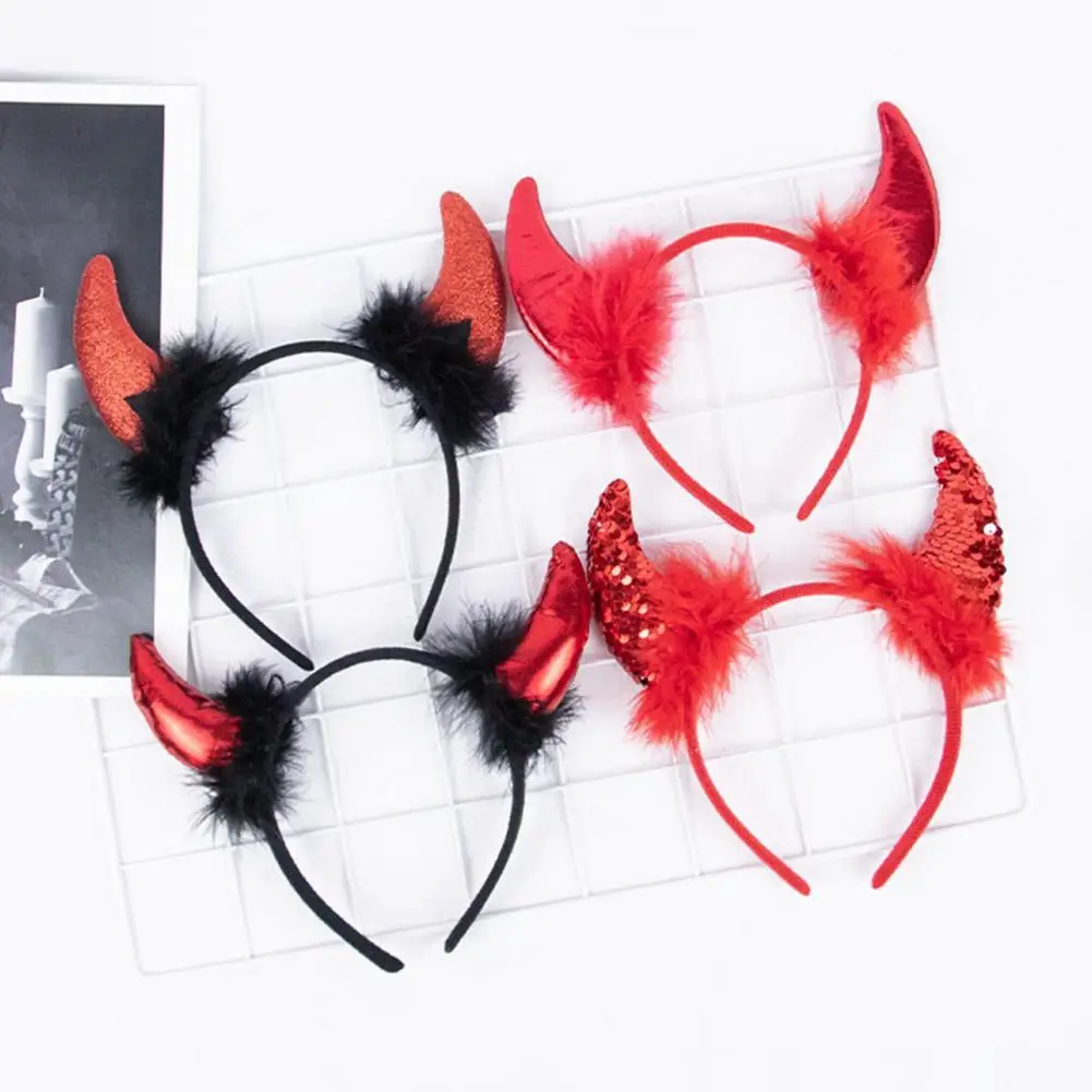 Devil Horn Decor Headband Plush Fabric Handmade Hairband Elastic Design Hair Hoop Cosplay Parties Halloween Accessories 직물 머리띠