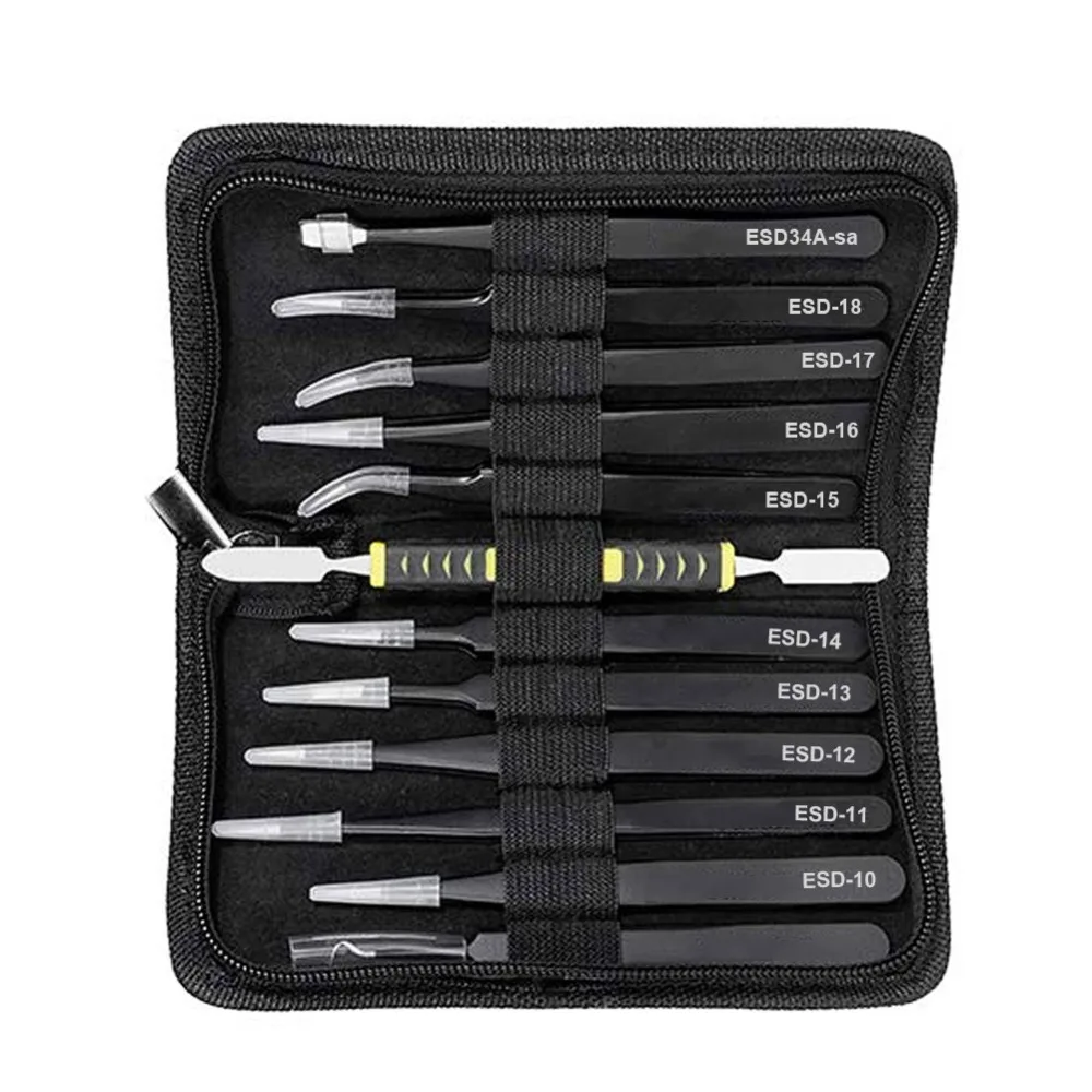 U50 Arrival Tweezers 12 Pieces ESD Tweezers Tools Kit Anti-static Non-magnetic Stainless Steel Multi-standard with Storage Bag