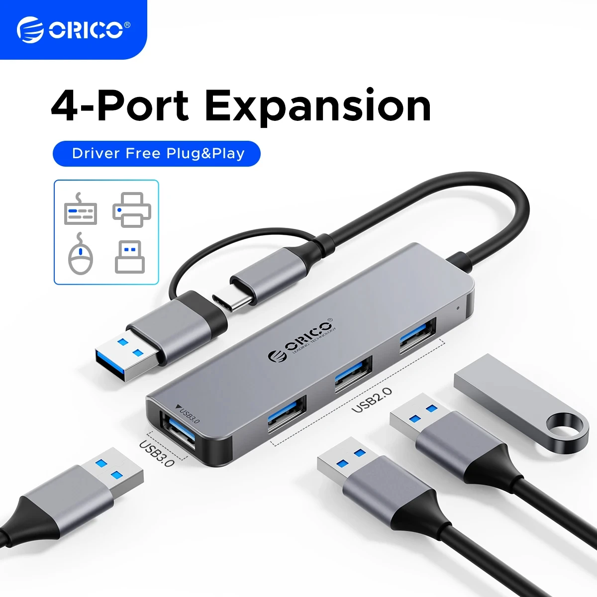 محور Orico-usb من النوع c إلى usb hub ، محول ألومنيوم للكمبيوتر المحمول ، محول قرص الهاتف ، من 4 إلى 7