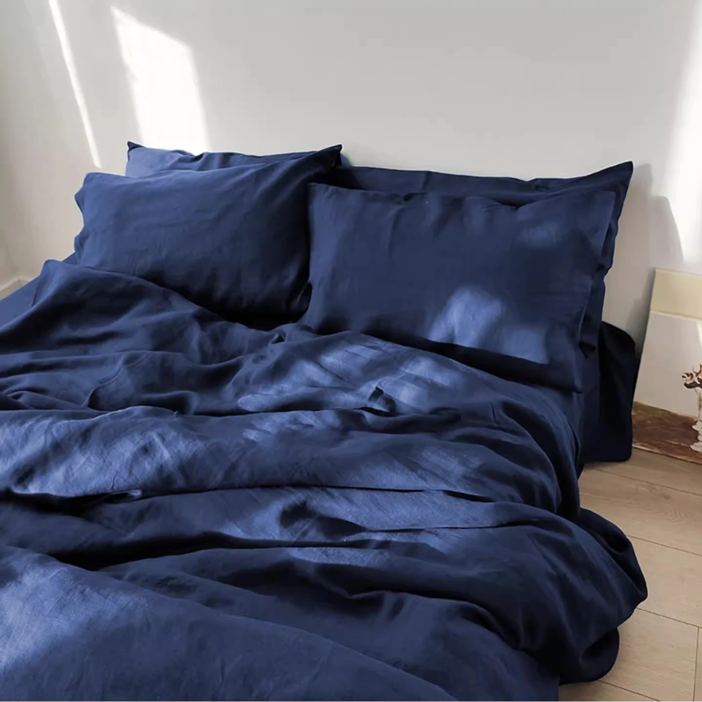 100% Pure Linen Blue Bedding Set with Duvet Cover Bed Sheet Pillowcase, Solid Color, Double, Single, King, Queen Full, Twin Size