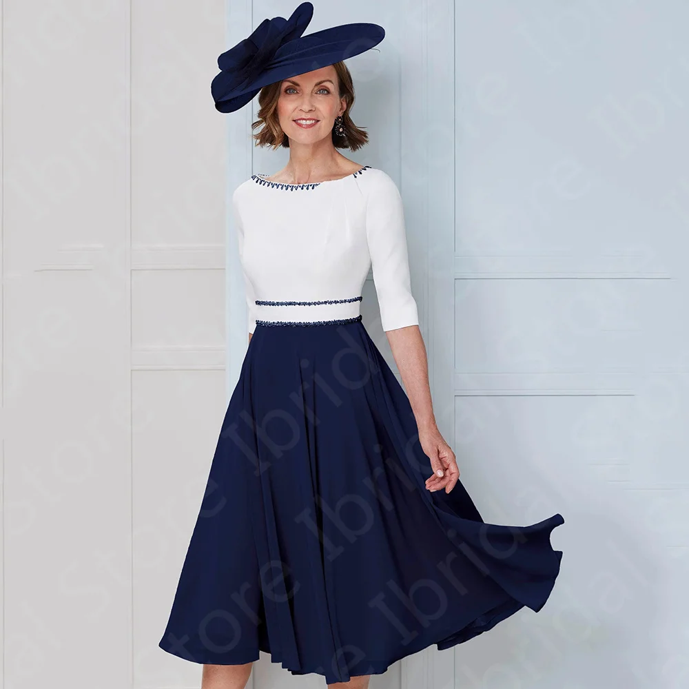 New Navy Contrast Color Mother of the Groom Dresses Two Tone Mother Gowns Tea Length 2024 Wedding Party Dresses 3/4 Sleeves