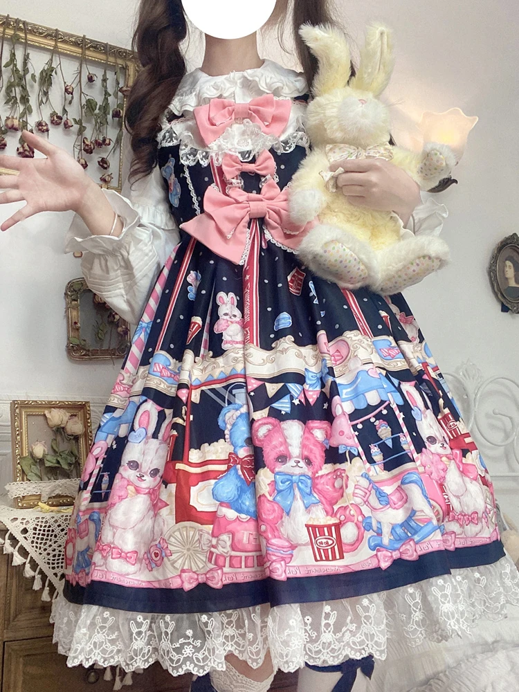 KIMOKOKM Kawaii Lolita Lovely Princess Style Dress Square Collar Bow Lace Ruffle Sleeveless Sweet Cartoon Printing Camisole Dres