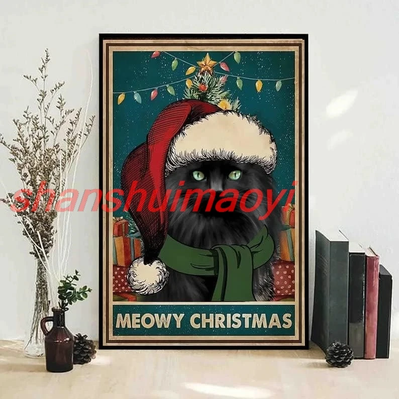 Retro Metal Tin Sign 8 X 12 Inches Meowy Christmas Poster Christmas Cat Poster Cat Lover Poster Funny Christmas Canvas  shanshui