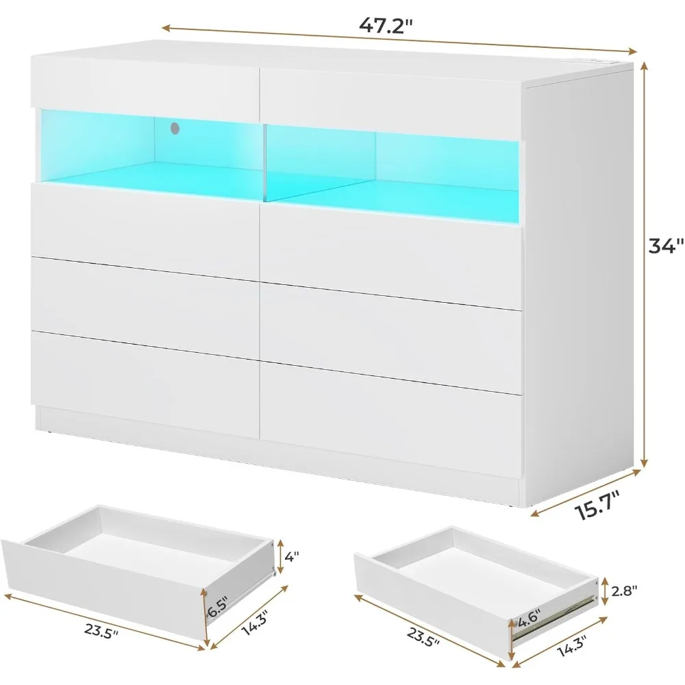 Dresser with Charging Station & RGB Light, No-Handles Double Dressers, 8 Wide Wooden Chest of Drawers, Bedroom Dresser