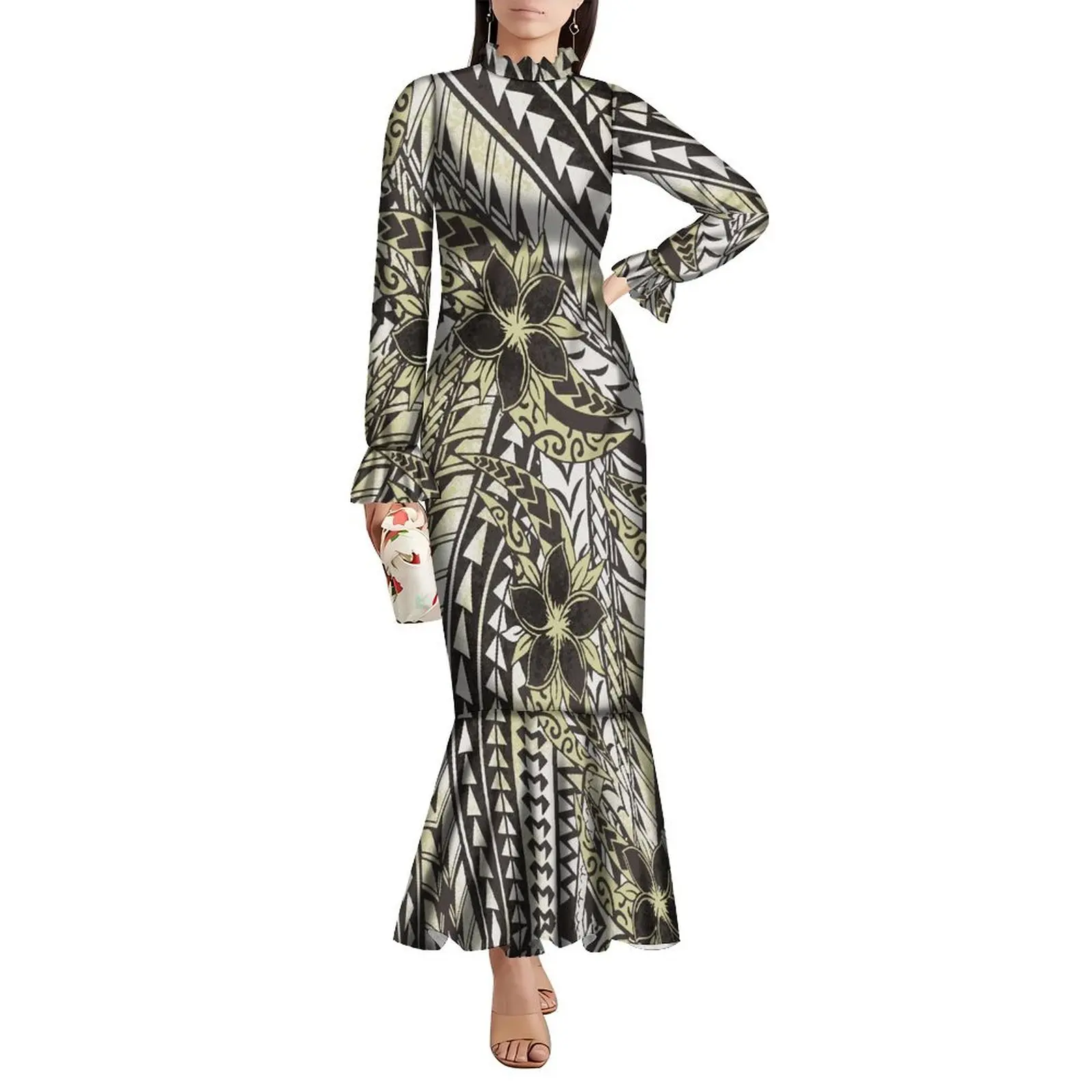 Traditionelles polynesisches Damen-Partykleid, individuelles Abendkleid, eleganter, langärmeliger Fischschwanzrock, plissierter Kragen