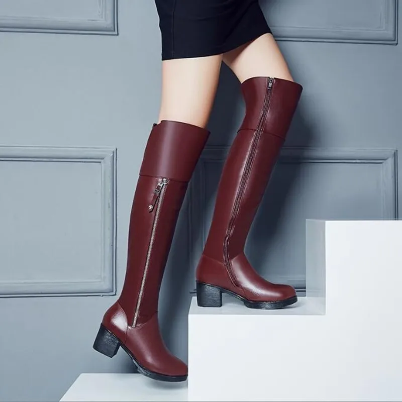 DIMANYU Women Thigh High Boots Genuine Leather Thick Thin Velvet Winter Long Boots Fashion High Heel Women Over knee boots