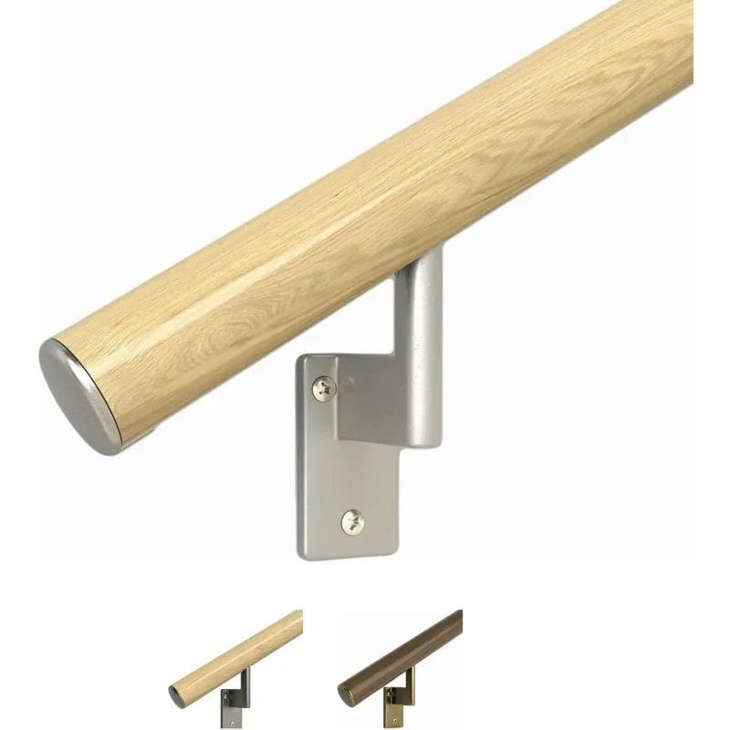 

2ft Flush Handrail Kit - Oak - Complete Indoor Handrail for Stairs - 1.6" Round Genuine Wood Wrapped Aluminum