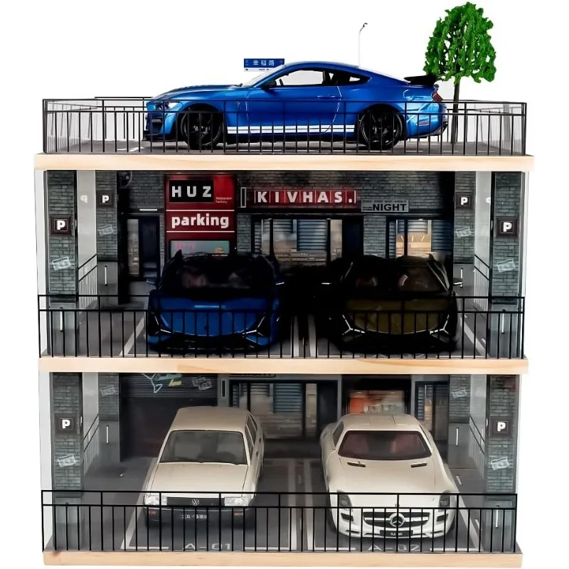 1:18 Scale 3-Tiers Model Car Display Case Parking Lot Scene，for Lego Models Collector,Display Stand for Alloy Car Toy with Light