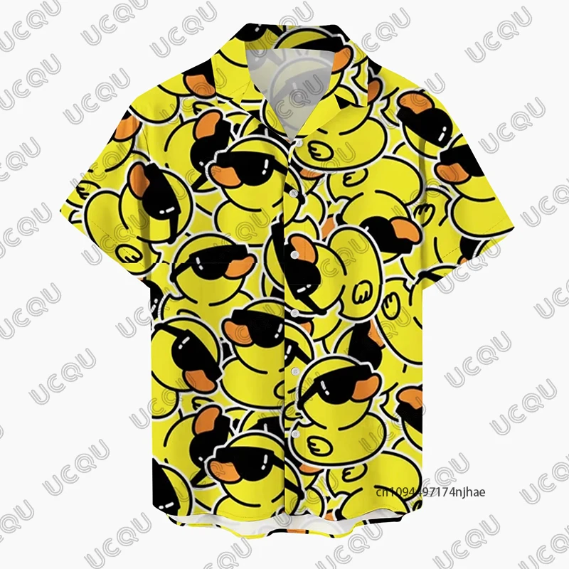 Summer New Hawaiian Cartoon Duck Print Men's Shirt Fashion Button Short Sleeve Lapel Surfing Shirt Casual Beach Vacation Tops