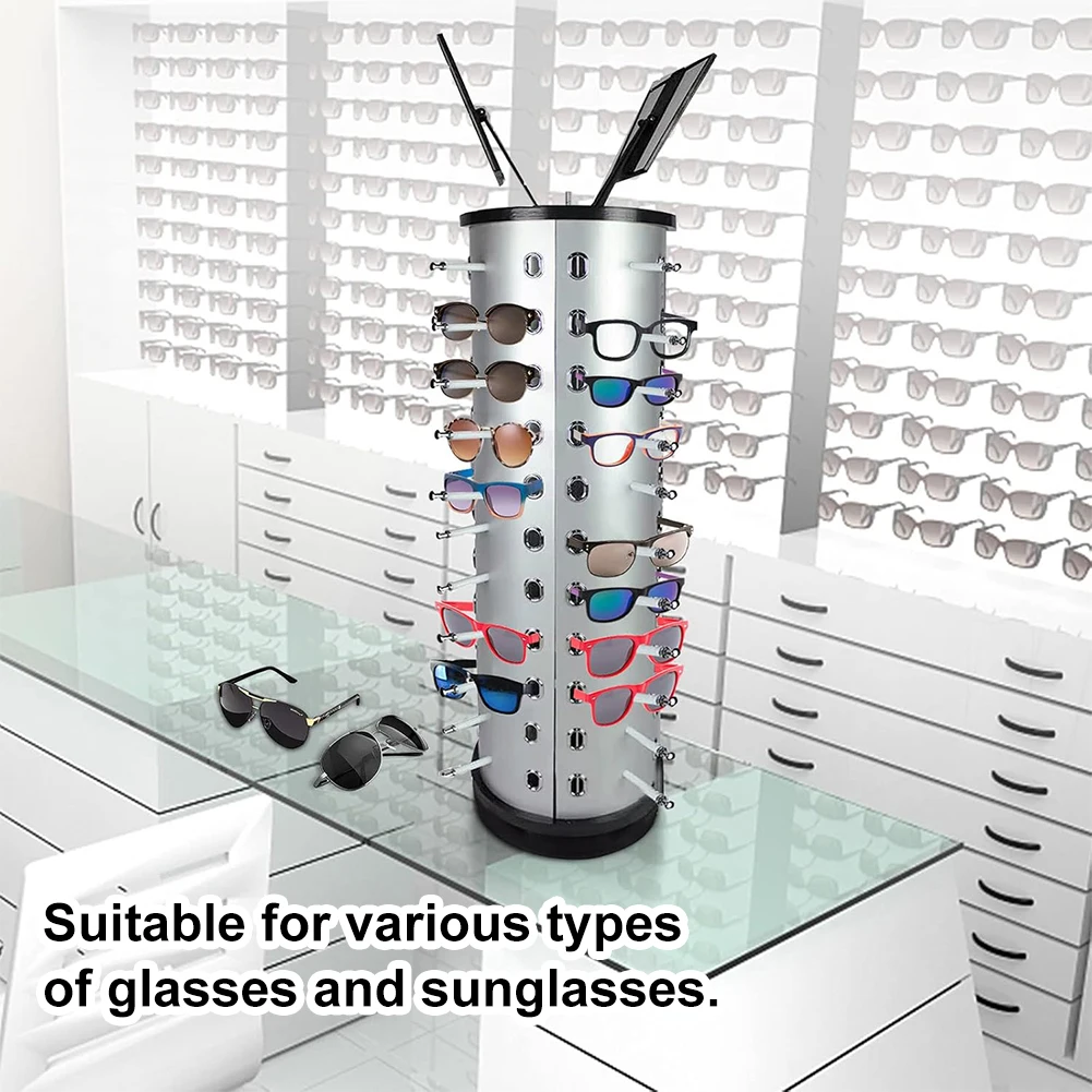 360 Rotating Eyewear Collection with Mirror Sunglasses Holder Sunglasses Display Stand 44 Pairs of Glasses Storage Freestanding