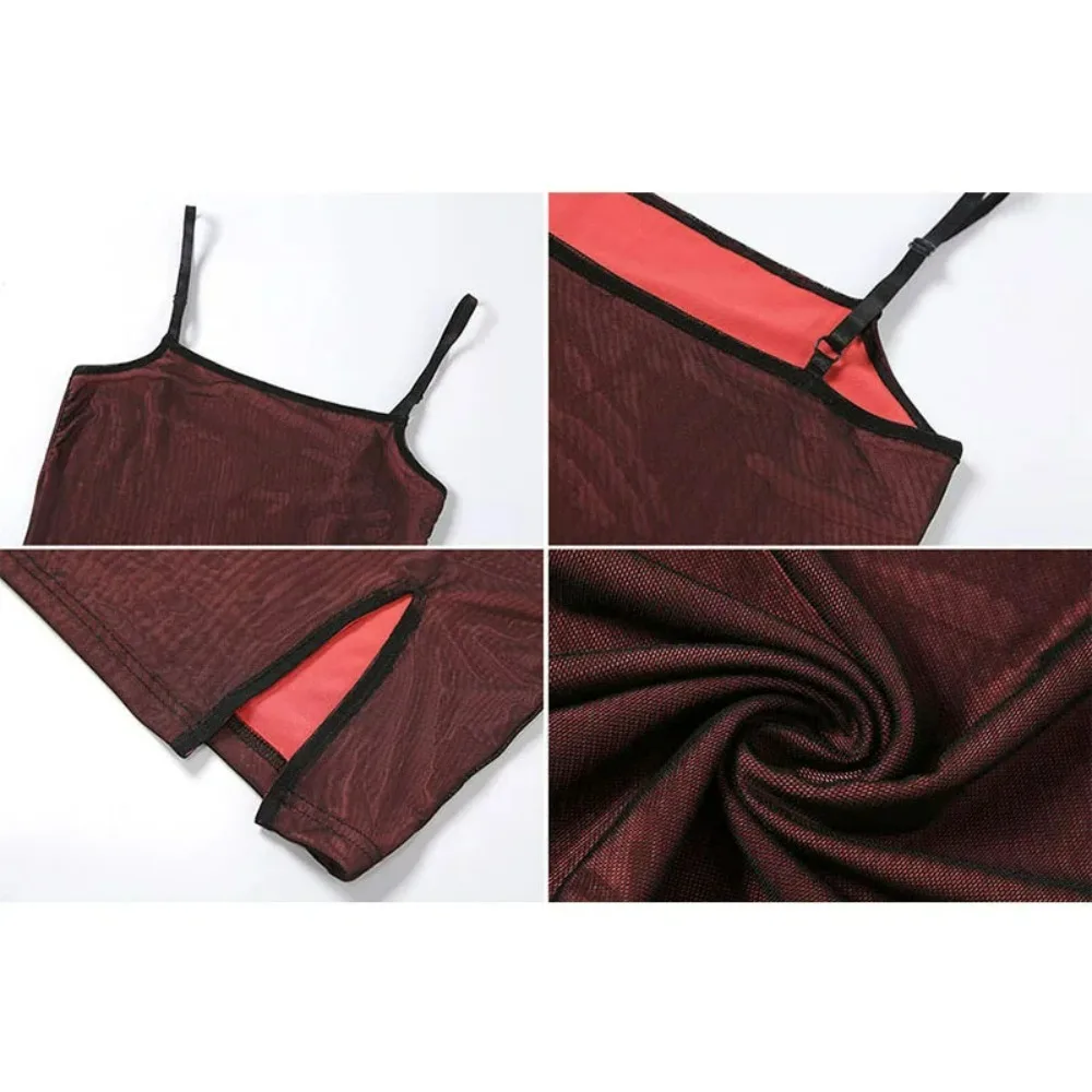  Wine Red Mesh Skinny Mini Dress Women Elegant Elastic Split Sleeveless Party Vestidos Clubwear Slim Sling Bodycon Dresses
