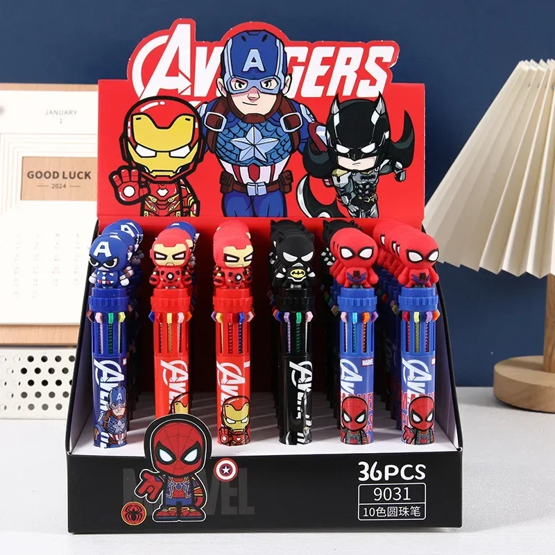 Disney Spiderman Ballpoint Pen 10-color Cartoon Iron Man Multi-color Press Pen Student Color Marker Press Pen 0.7 Boxed