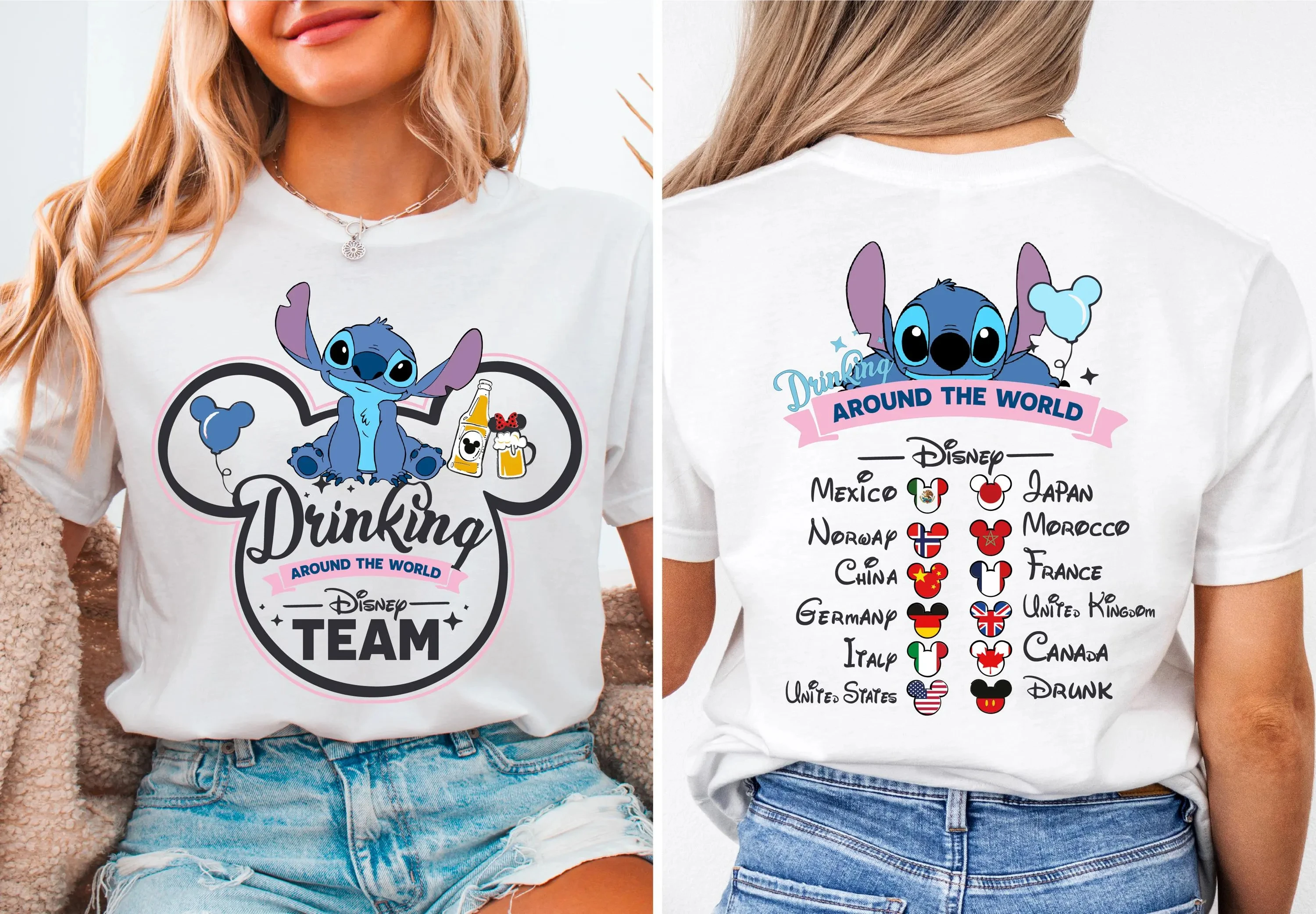 

Stitch Drinking Team Shirt for Women Disney Drinking Around The World Short Sleeved Cotton Tees Disney Shirt Women's T-Shirt