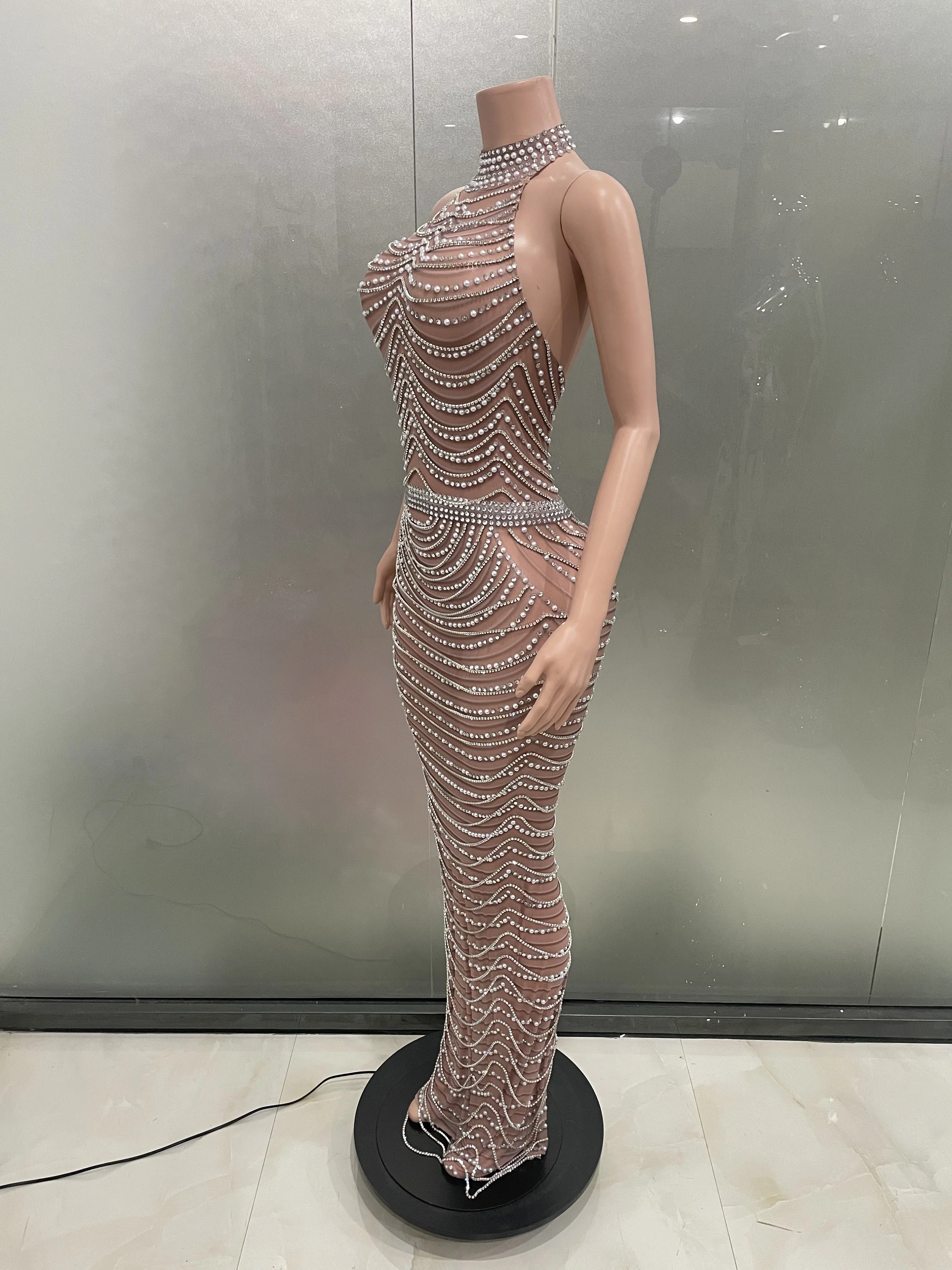 Luxury Silver Rhinestones Pearls Sexy Mesh Transparent Backless Nude Dress Women Evening Birthday Celebrate Crystals Costume