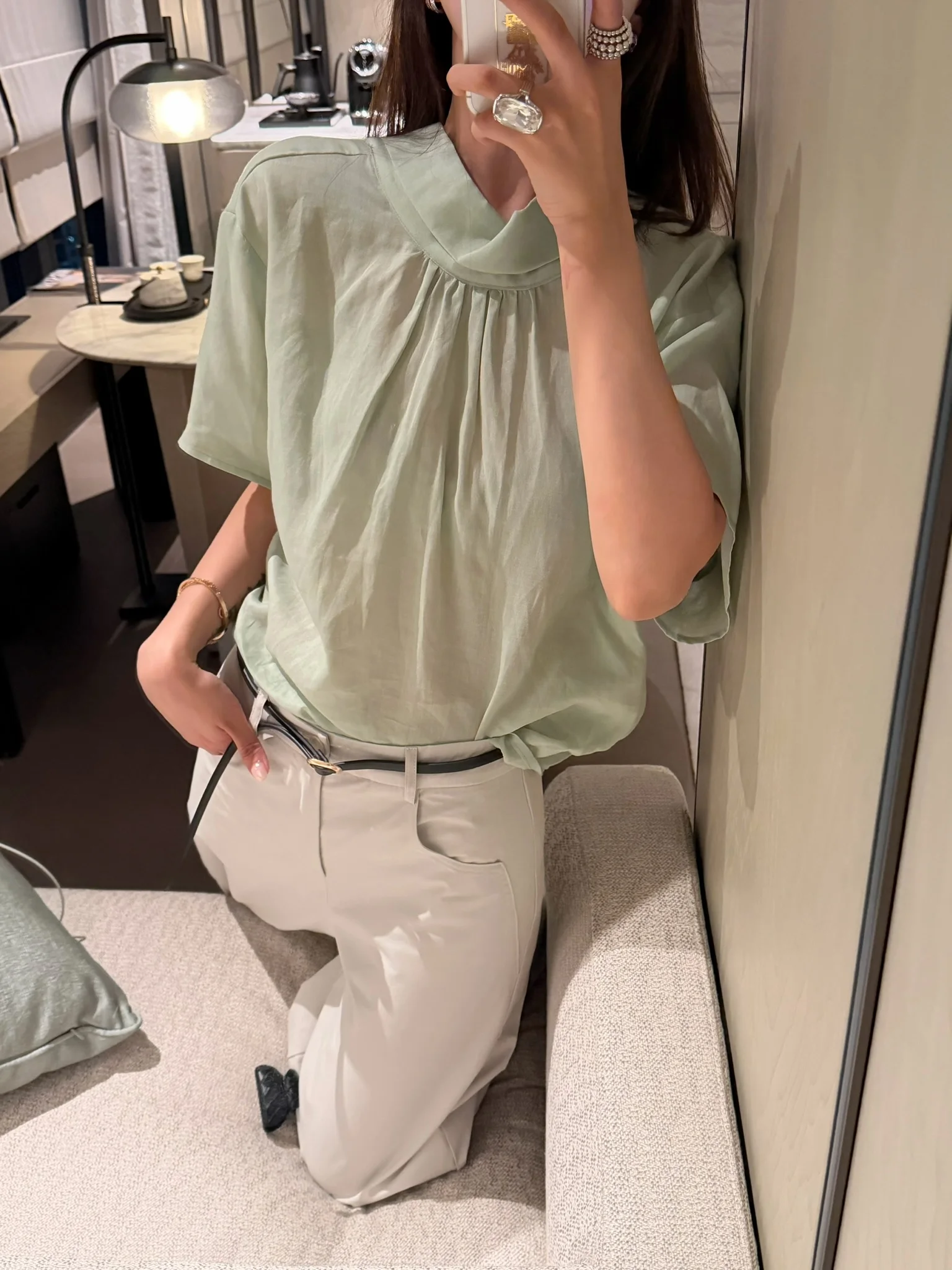 

Lilian Pure Color Stand Collar Patchwork Short Sleeve Shirt Versatile Simple Design Commute Style Women's Fashion Summer Brea...