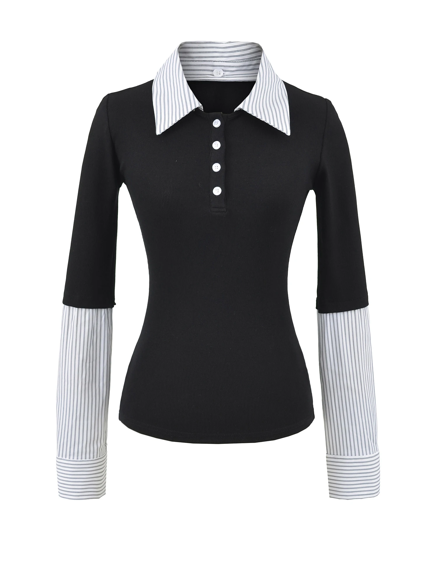 

Женская блузка в американском стиле с длинными рукавами, в полоску, с лоскутным узором, с эффектом утягивания талии, в студенческом стиле, имитация двухслойности, с цветовыми блоками