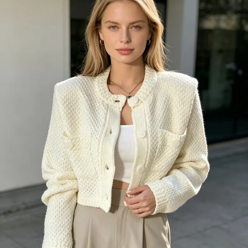 Korean Elegant Small Fragrance Style Solid Color Short Knitted Cardigan Spring Autumn Versatile Loose Pocket Casual Women's Coat