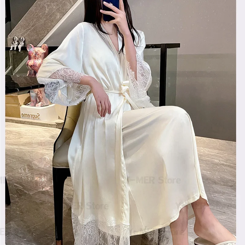 Abiti da sposa lunghi da sposa Camicia da notte e vestaglia da donna Set da 2 pezzi Indumenti da notte leggeri con cinturino per spaghetti in pizzo sexy con imbottitura sul petto