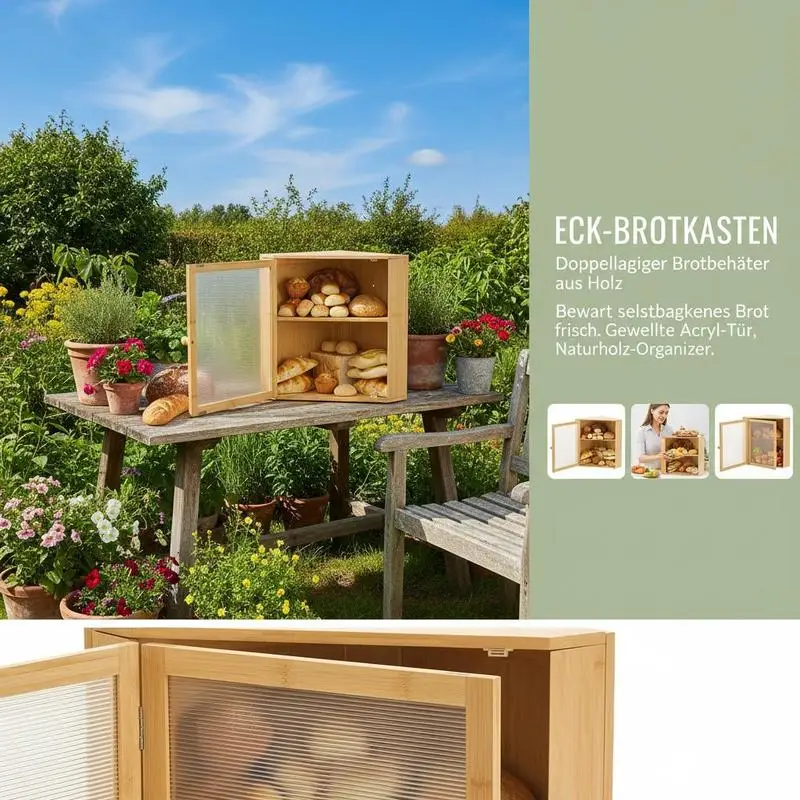 

Corner Bread Box for Kitchen Counter, Double Layer Large Capacity Bamboo Bread Storage Container, Farmhouse Wooden Breadbox for Homemade Bread, Storage Holder Bin with Acrylic Wavy Door, Natural