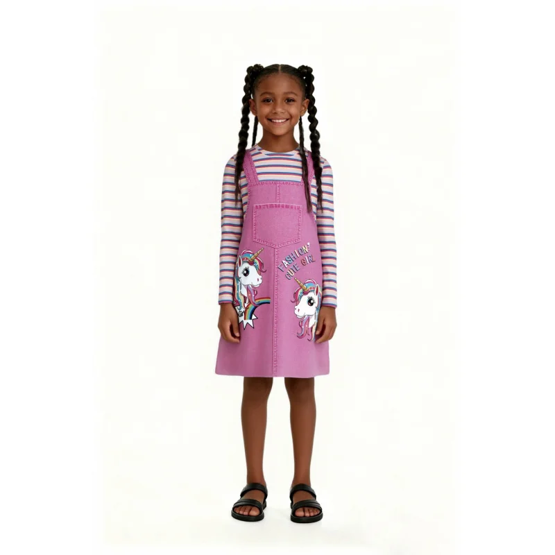 Hot Sale Kids Girls Unicorn Print Pink Overall Dress & Striped Long Sleeve  - Fashion Casual Outfit for Children