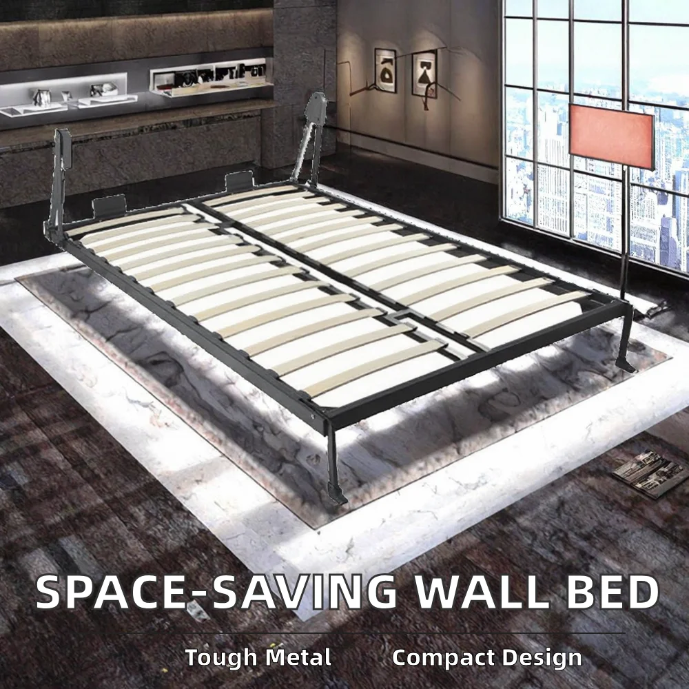 Modern Queen Size Vertical Hidden Murphy Bed Foldable Hanging Wall Design Space-Saving Steel Frame Plywood Panels Easy Assembly