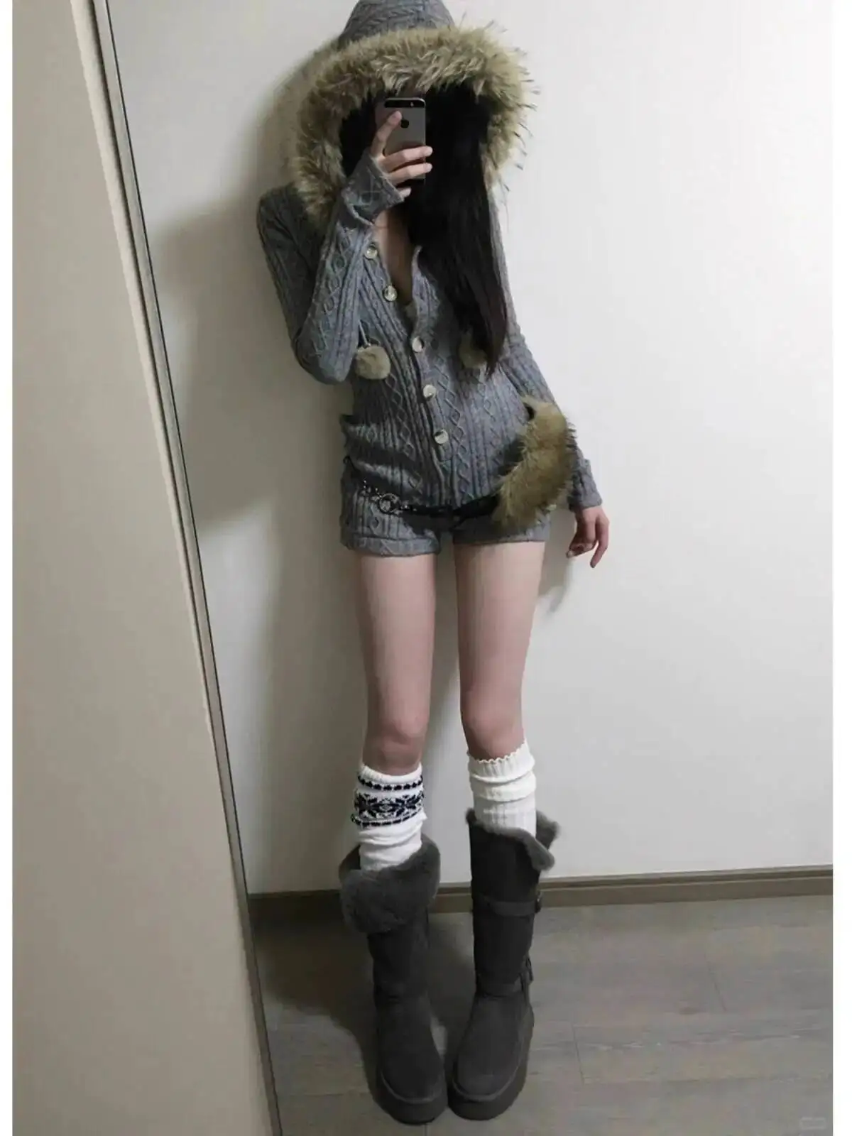 

Women's Fur Hooded Knitting Jumpsuit 2025 Autumn Winter Knit Long Sleeve Slim Fitting Waist Cinched Loungewear Romper