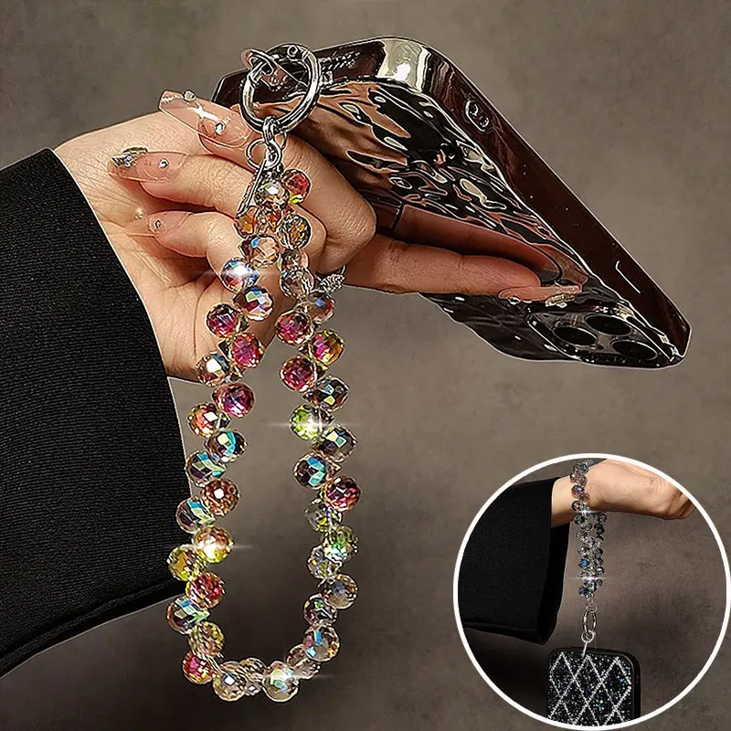 Cordino per telefono di lusso Catena sospesa in cristallo con goccia d'acqua Catena per cellulare colorata da polso corto con perline a mano per custodia per telefono da donna