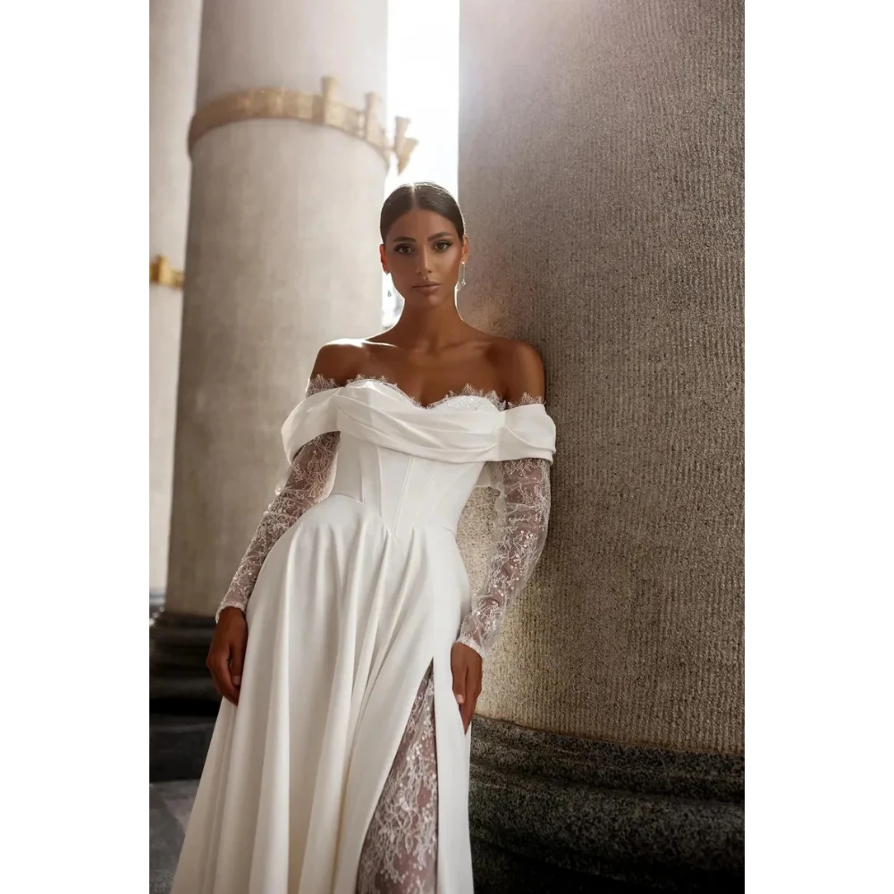 Schulterfreies Hochzeitskleid mit Herzausschnitt, Spitze, appliziert, lange Ärmel, Boho-Strand, A-Linie, Brautkleider, Vestido De Noival, individuell gestaltet