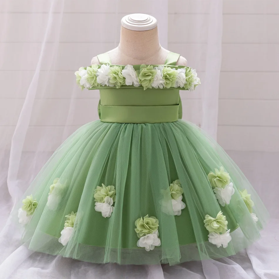 New Baby Girls 1st Princess Dress Infant Three-dimensional Flower One-word Shoulder Mesh Dress Baby Girl Performance Dress ASQ03