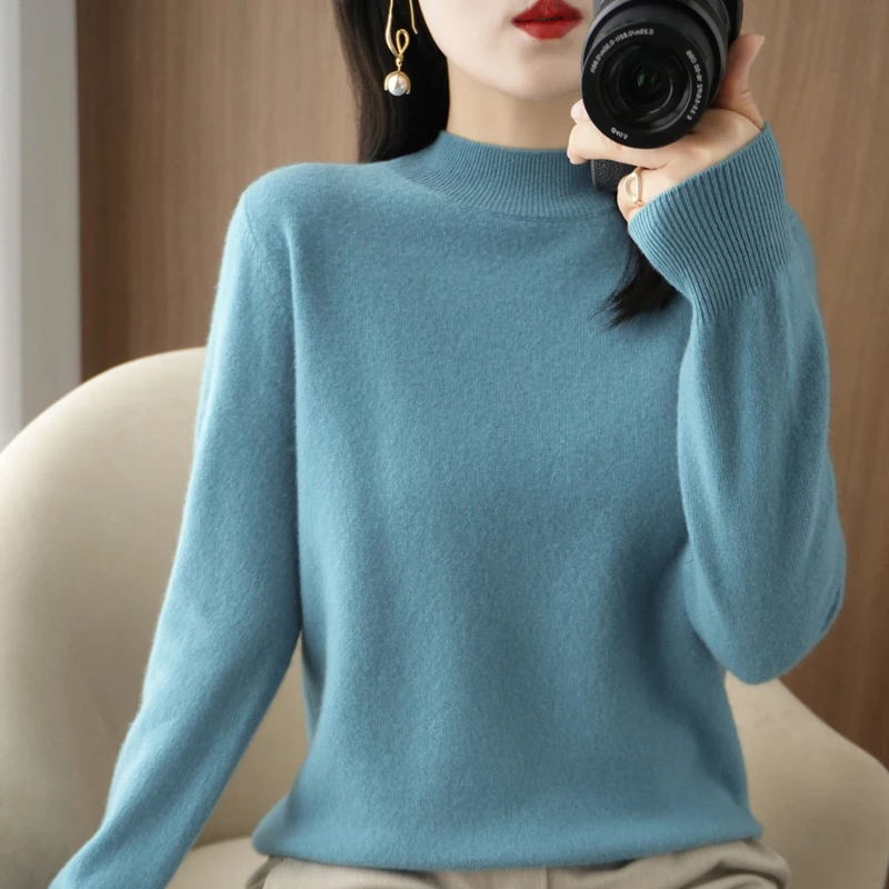 

Women's Pullover Autumn/Winter Casual Solid Color Knitwear Half Turtleneck Sweater Ladies Clothes Loose Tops Basics Blouse